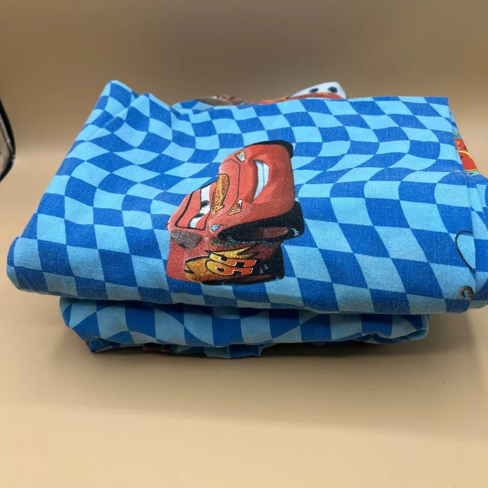 Disney Pixar Cars Lightning McQueen Mater Blue Checker Bed Sheet Set Kids twin